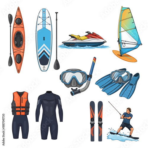 Adventure Water Activity Gear Pack – Jet Ski, Kayak, Windsurf, Life Vest, Snorkel Mask and Safety Equipment Icons

