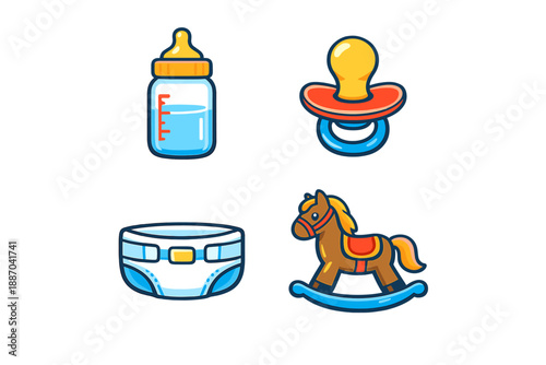 Various baby items are shown in a simple illustration including a bottle, pacifier, diaper, and toy horse