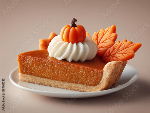 Pumpkin Pie Slice with Whipped Cream and Autumn Leaf Decorations on Neutral Background