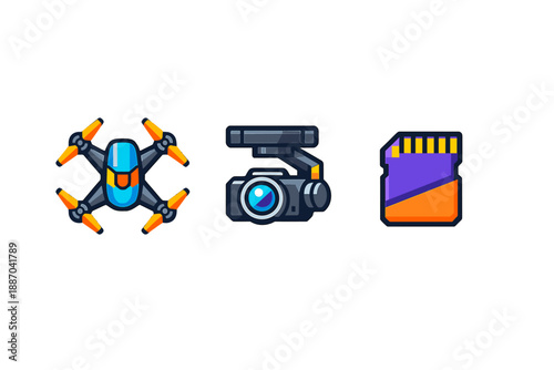 Different elements used in aerial photography with a drone, camera, and memory card shown on a white background