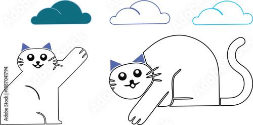 set of funny cats playing on ground and background clouds vector illustration cartoonish art design
