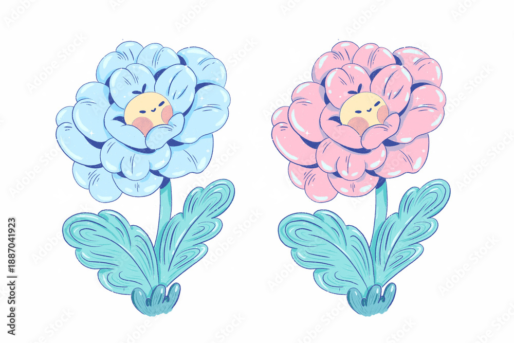 Fototapeta premium Cute kawaii flower character illustration set for stickers, planners, children branding and playful design projects