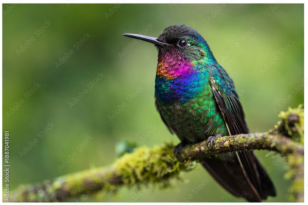 Obraz premium Colorful hummingbird perched on mossy branch
