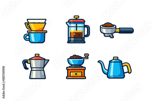 Various coffee brewing tools displayed in a simple layout showcasing the different methods for preparing coffee at home or in a cafe setting