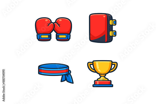 Boxing gloves, a trophy, protective gear, and a headband displayed together in a simple layout to represent sports achievements and dedication