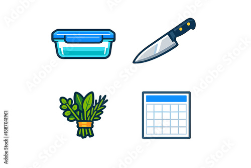 Planning meal prep with storage container, knife, fresh herbs, and calendar for organized cooking routine