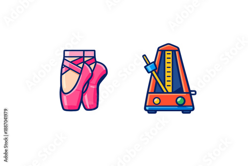Ballet shoes and metronome displayed as tools for dance practice to aid dancers improve timing and rhythm during their rehearsals