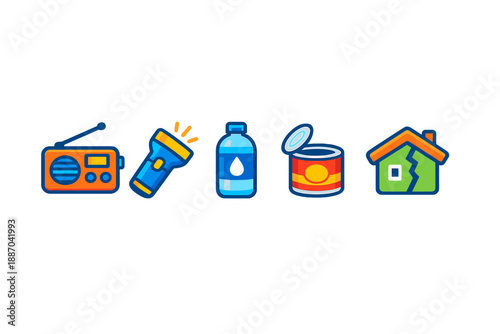 Emergency kit items shown in a simple graphic with a radio, flashlight, water bottle, canned food, and a house symbol to represent preparedness for various situations