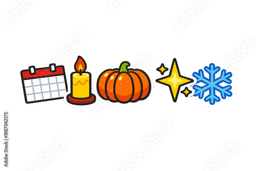 Celebrating different seasons and holidays with symbols like a calendar, candle, pumpkin, sparkling star, and snowflake in a simple design