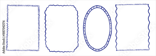 Ink vintage stamp coastal frames set in marine sea style. wavy sketch art line borders. Minimal square arch oval and rectangle coquette shapes kit. Hand drawn empty frame for menu, wedding, invitation