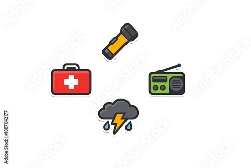Emergency kit items for disaster preparedness before a storm strikes