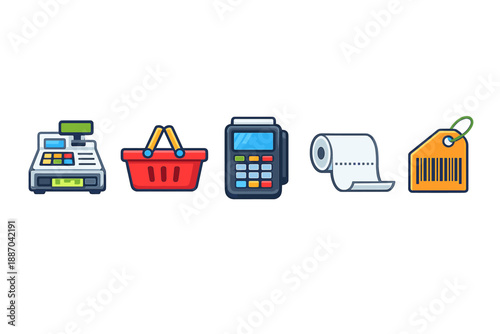 Different items related to shopping in a small store setting showing a cash register, shopping basket, payment terminal, receipt, and price tag for consumers