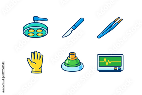 Various medical tools and equipment used in surgery and patient care are shown on a plain background, including a surgical light, scalpel, tweezers, gloves, and monitor