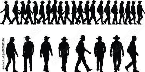 Walking man silhouettes set in different poses wearing hats representing casual lifestyle people motion vector illustration isolated background