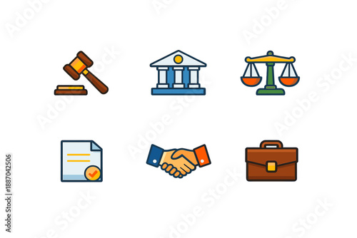 Icons show legal concepts such as a gavel, a courthouse, scales of justice, a contract, a handshake, and a briefcase for law and business activities