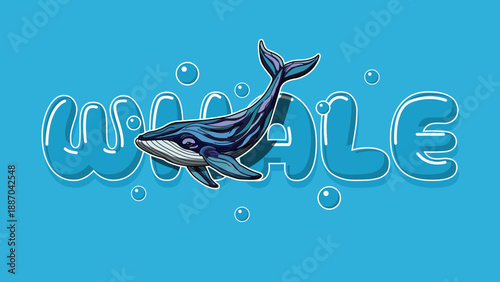 A majestic artistic giant blue whale glides among stylized bubble typography, a marine concept on a sky blue background. World Whale Day, February
