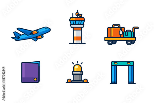 Different elements of air travel shown including an airplane, control tower, luggage cart, passport, signal light, and security gate, illustrating busy airport life