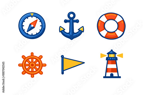 Various nautical symbols including a compass, anchor, lifebuoy, ship's wheel, flag, and lighthouse displayed on a white background