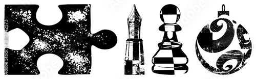 Vintage Puzzle Piece, Fountain Pen, Chess Pawn, Ornamental Bauble Vector Set