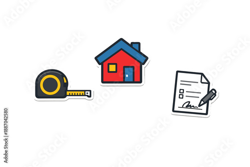 Tools for home project planning include a tape measure, a house icon, and a checklist with a pen for tasks