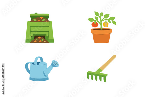 Gardening tools and compost bin for growing plants at home during the day