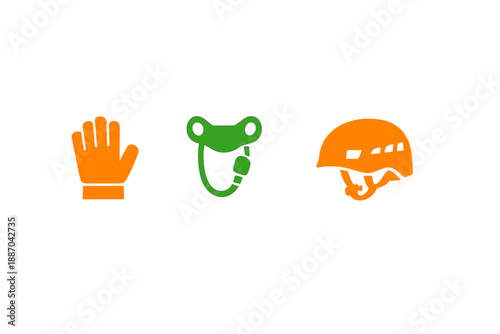 Icons representing safety gear for climbing activities displayed on a white background, focusing on hand protection, securing equipment, and head safety