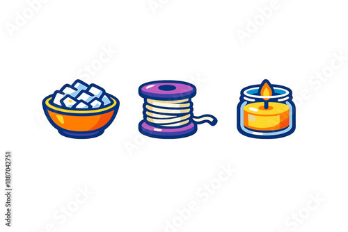 Various items shown on a plain background including a bowl of sugar cubes, a spool of thread, and a lit candle arranged side by side