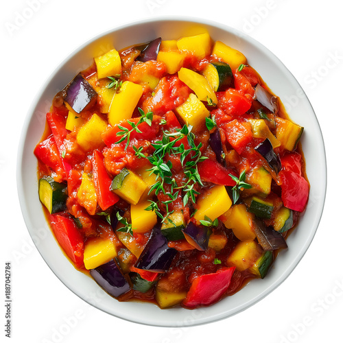 Ratatouille vegetable stew top view isolated on transparent background, PNG