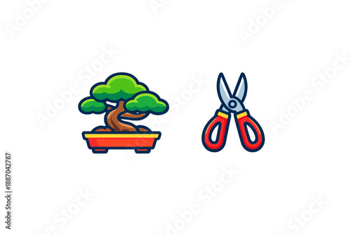 Bonsai tree and garden scissors used for trimming and shaping the plant in a small garden or home setting during daytime