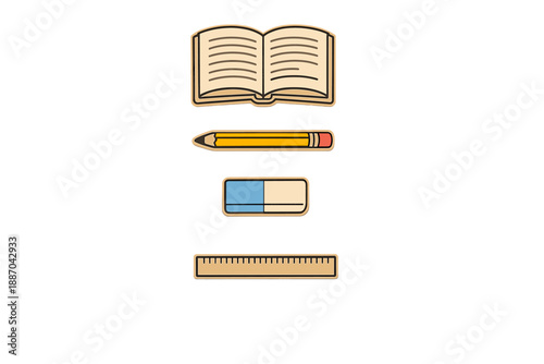 Different school supplies are arranged neatly to show tools used for studying and learning in a classroom setting during daytime