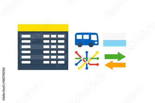 Digital display of transportation options in a transit station with a bus icon, route signs, and a map symbol representing travel connections