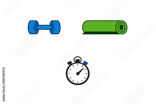 Fitness tools including dumbbell, exercise mat, and stopwatch arranged on a simple background for workout planning and personal training sessions