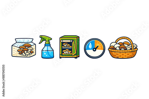 Collection of tools and items used for mushroom growing and harvesting by mushroom cultivators in a home setting