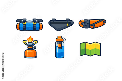 Camping gear and supplies displayed on a white background showing items useful for outdoor activities and adventures during various seasons and locations