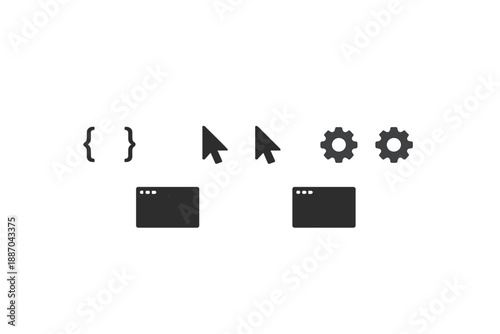 Various computer icons depict coding elements, cursors, and settings in a digital workspace setup during working hours