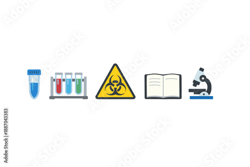 Symbolic representation of laboratory elements including test tubes, warning signs, books, and a microscope related to science and research