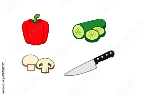 Chopping vegetables in a kitchen setting with a red bell pepper, sliced cucumber, mushrooms, and a knife during meal preparation