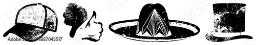 Vintage Style Hat Including Baseball Cap, Thumbs Up, Sombrero, and Top Hat