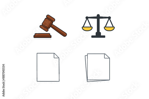 Symbols of law and justice with a gavel, scales, and document papers shown together in a simple design