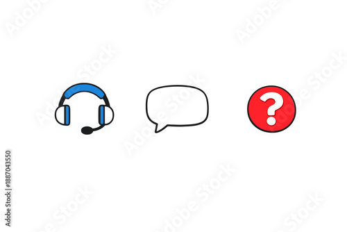 Headset, speech bubble, and question mark represent communication tools for customer support in a digital age