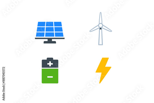 Energy sources include solar panels, wind turbines, rechargeable batteries, and electricity symbols showing modern power methods