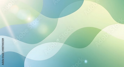 A vibrant abstract design featuring fluid, organic shapes in shades of blue, green, and yellow with light flares. Smooth curves create a calming, modern look
