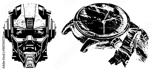 Futuristic Robot Head and Worn Vintage Watch Vector Illustration