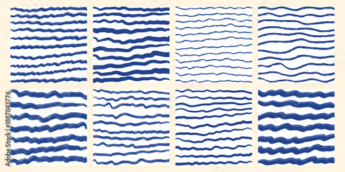 Retro striped backgrounds set. Seamless sailor vest stripes vector pattern collection. Hand brush crayon chalk textured. distressed, uneven grunge rough wavy, stripes, streaks, bars, blue wave strokes
