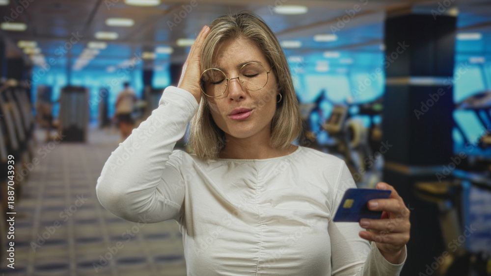 Fototapeta premium Woman holding blue creditcard and hand to head in gym building with eyes closed and rows of treadmills visible; financial stress.