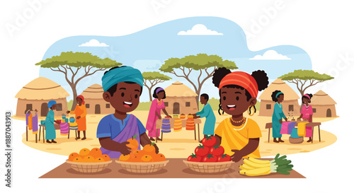 Vector illustration of African children helping parents at a local market arranging fresh produce, showing community involvement and everyday village commerce in flat vector style