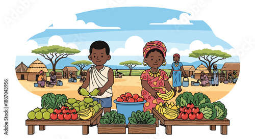 Vector illustration of African children helping parents at a local market arranging fresh produce, showing community involvement and everyday village commerce in flat vector style