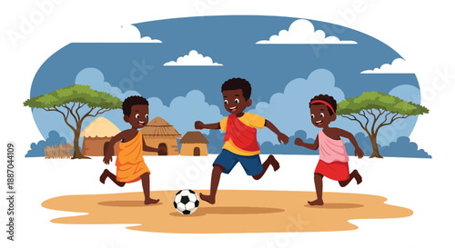 Vector illustration of African children playing football on a dusty field, expressing energy, friendship, and joyful outdoor sports in rural community life through flat vector design