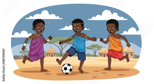 Vector illustration of African children playing football on a dusty field, expressing energy, friendship, and joyful outdoor sports in rural community life through flat vector design