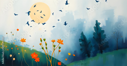 abstract, landscape, oil, painting, art, canvas, texture, brush, stroke, color, blend, vibrant, expressive, creative, modern, contemporary, scenic, nature, horizon, hills, mountains, valley, sky, clou